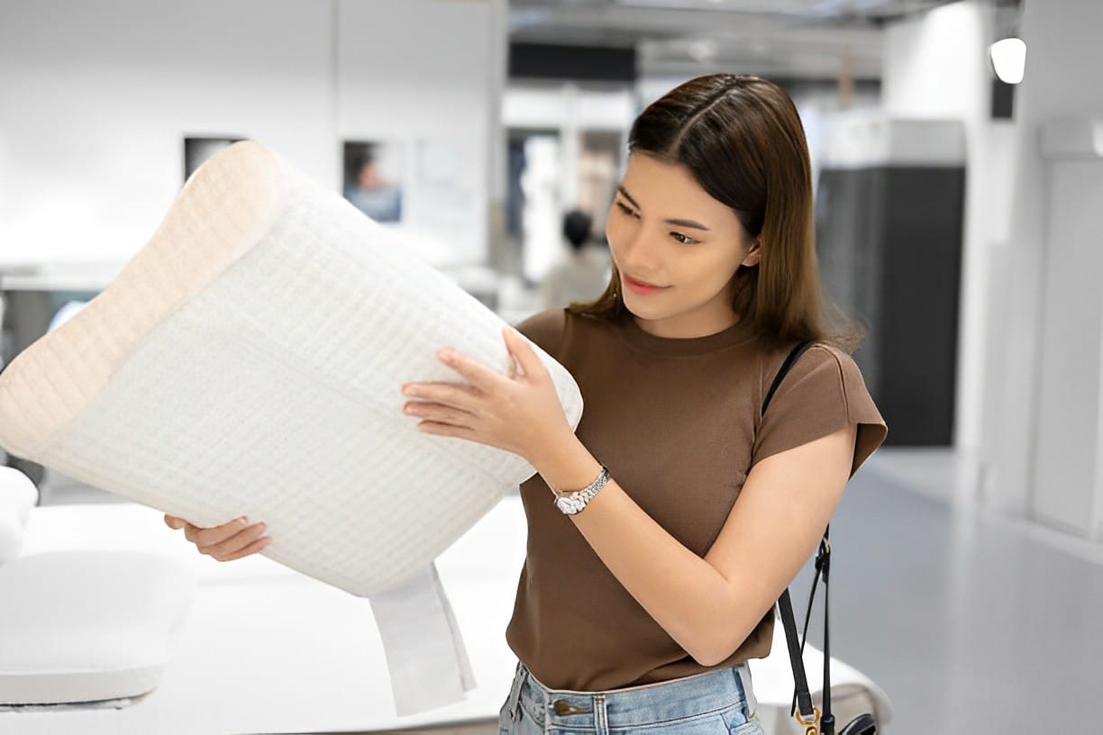 A young woman choosing a CPAP pillow