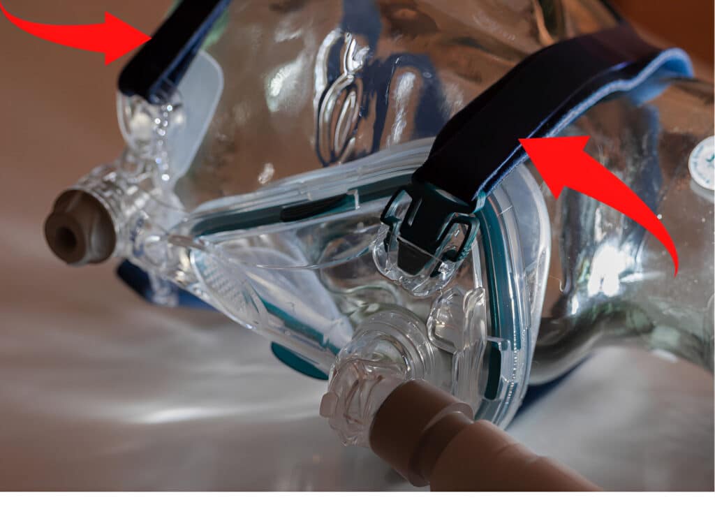 A picture of a CPAP mask and CPAP headgear.