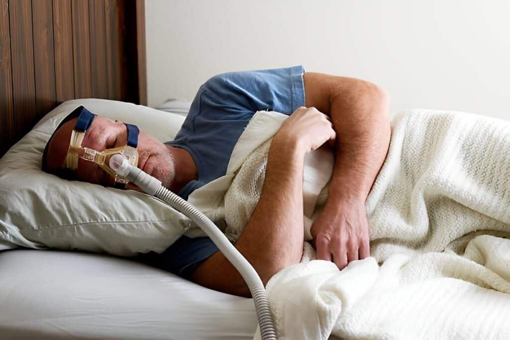 Photo of a man sleeping while wearing a CPAP mask.