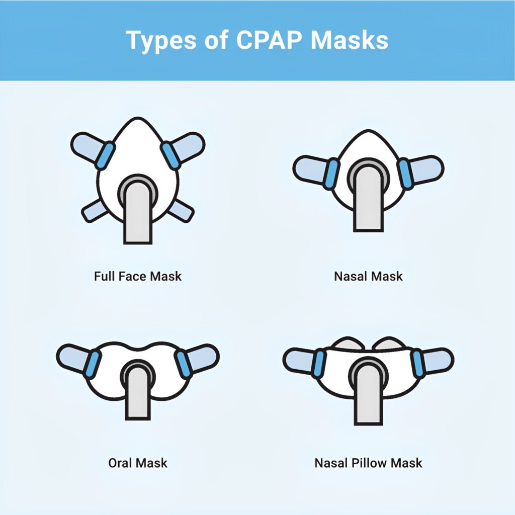 Types of CPAP masks - Full face CPAP mask, Nasal mask, Oral mask, Nasal CPAP mask